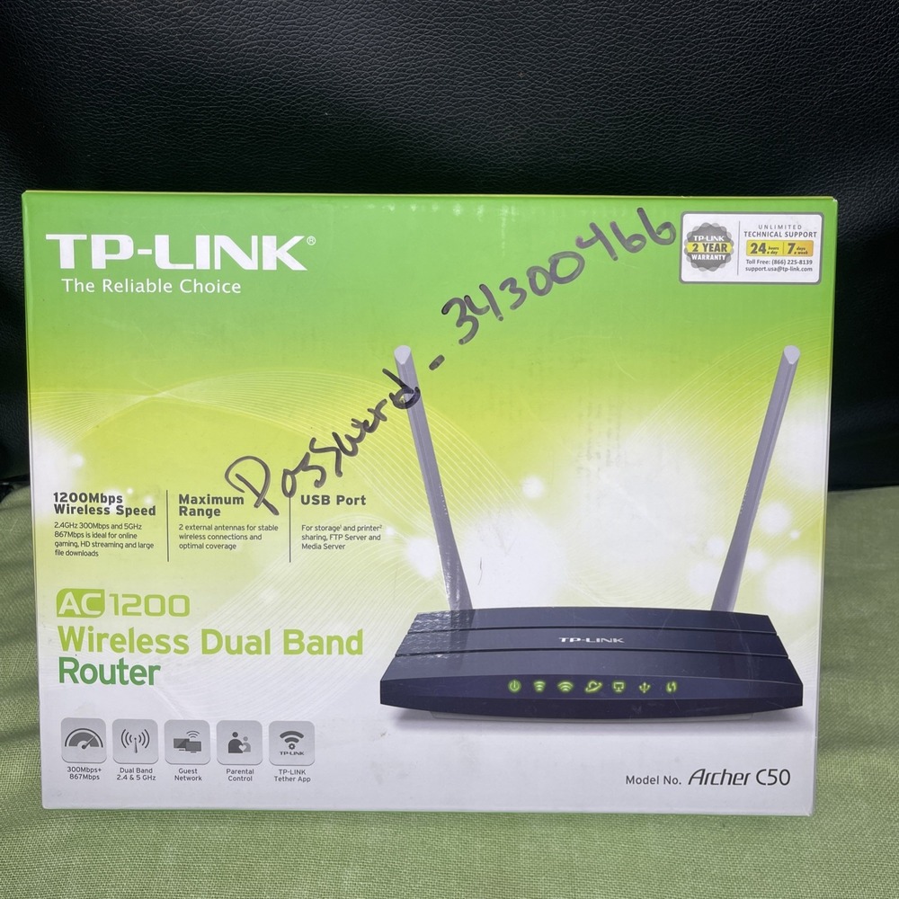 TP-Link Archer C50 AC1200 Dual Band WiFi Router 2.4/5GHz w/ Cables & Manual